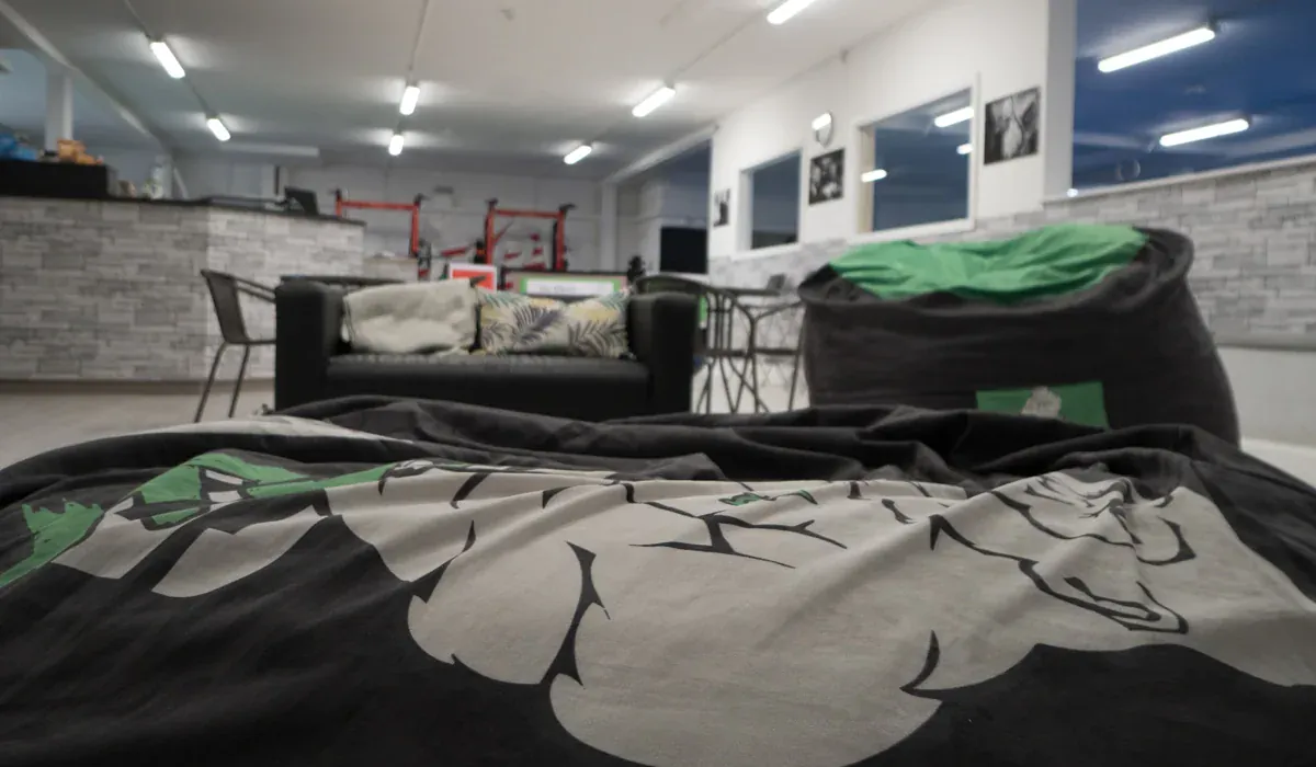 The lounge at the front of the building, with sofas and beanbags