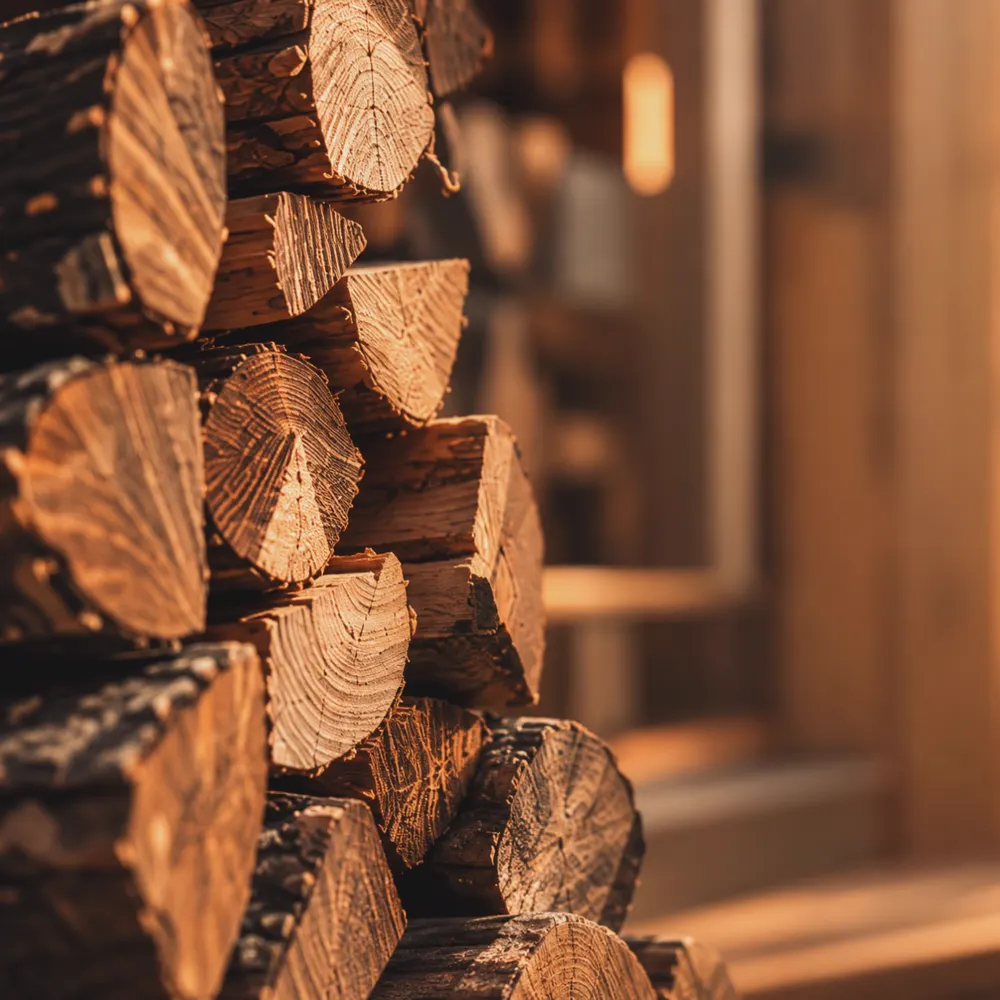 Split logs stacked against a timber wall, warm light from the side